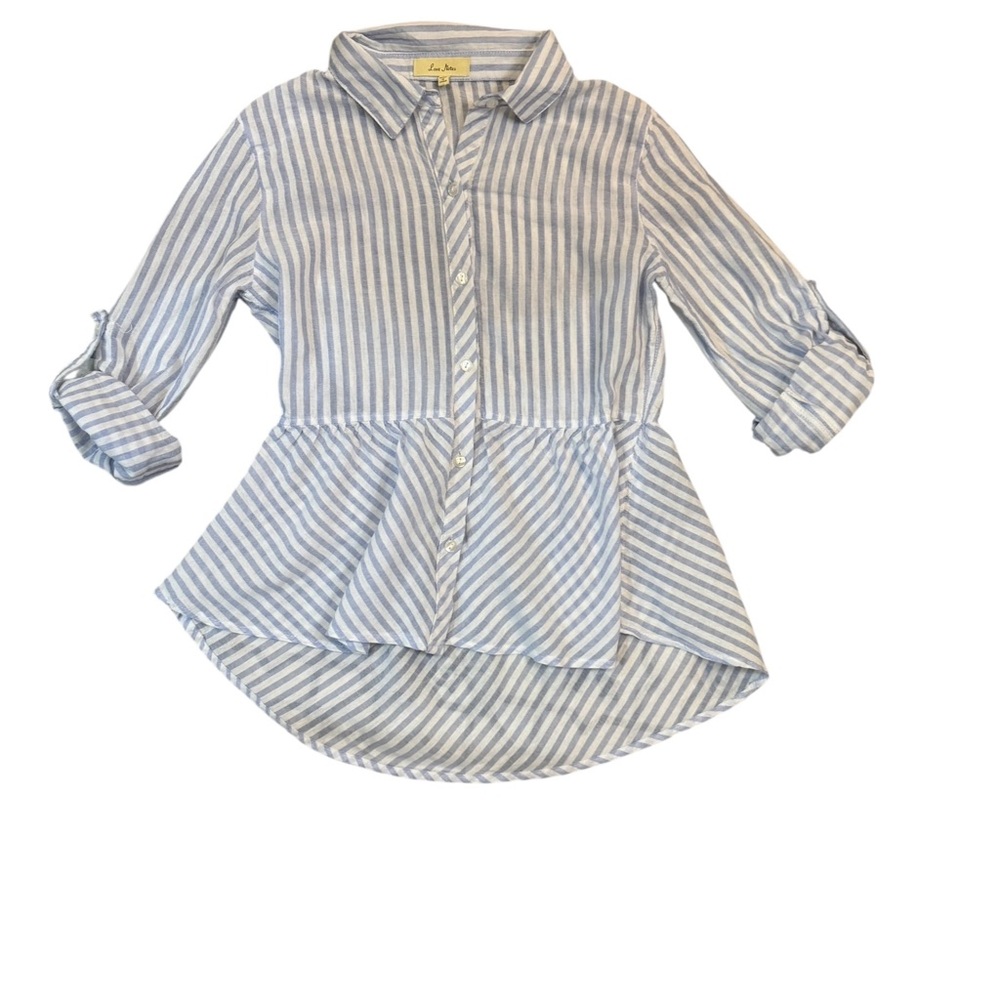 Love Notes Peplum Button Front Blouse Size S Blue White Stripe Cotton
